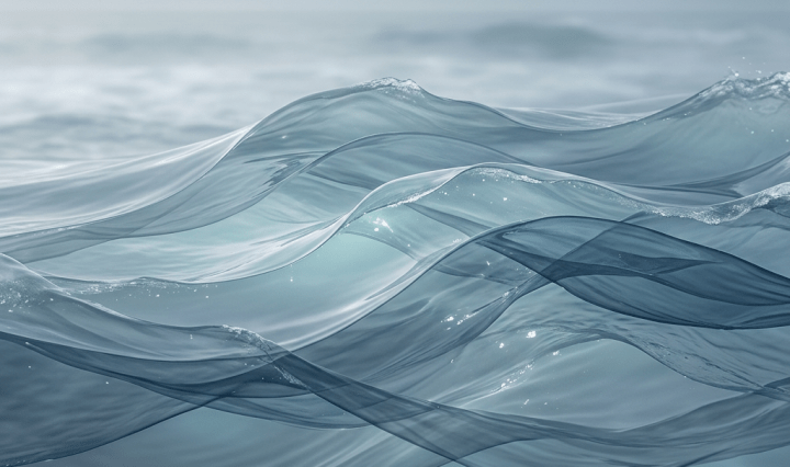 Translucent ocean waves with smooth flowing curves under an overcast sky