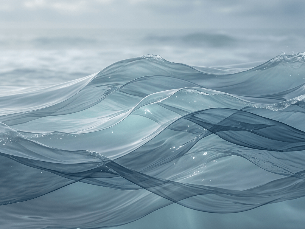 Translucent ocean waves with smooth flowing curves under an overcast sky