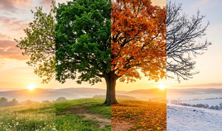 A tree shown in four panels representing spring, summer, autumn, and winter seasons with corresponding foliage and landscape changes.