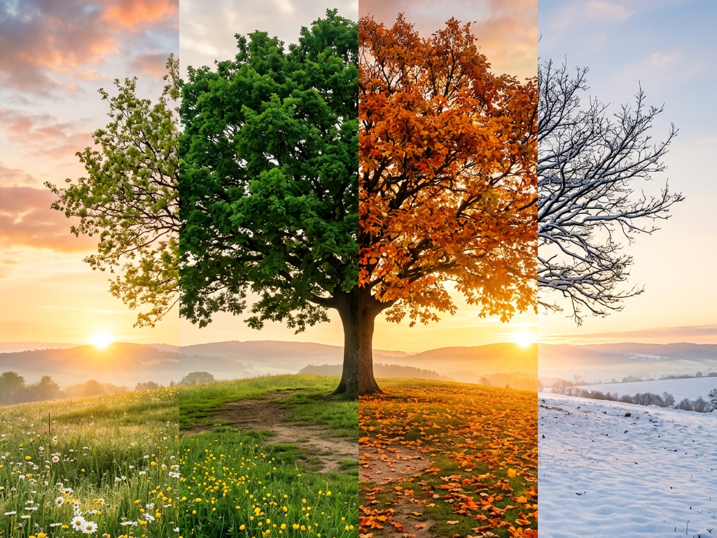 A tree shown in four panels representing spring, summer, autumn, and winter seasons with corresponding foliage and landscape changes.