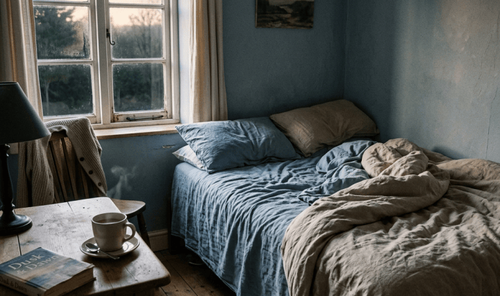 Cozy bedroom with an unmade bed, coffee cup, and book by window