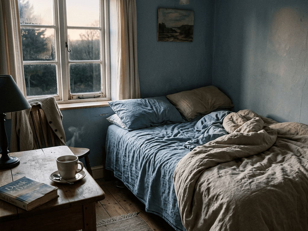 Cozy bedroom with an unmade bed, coffee cup, and book by window